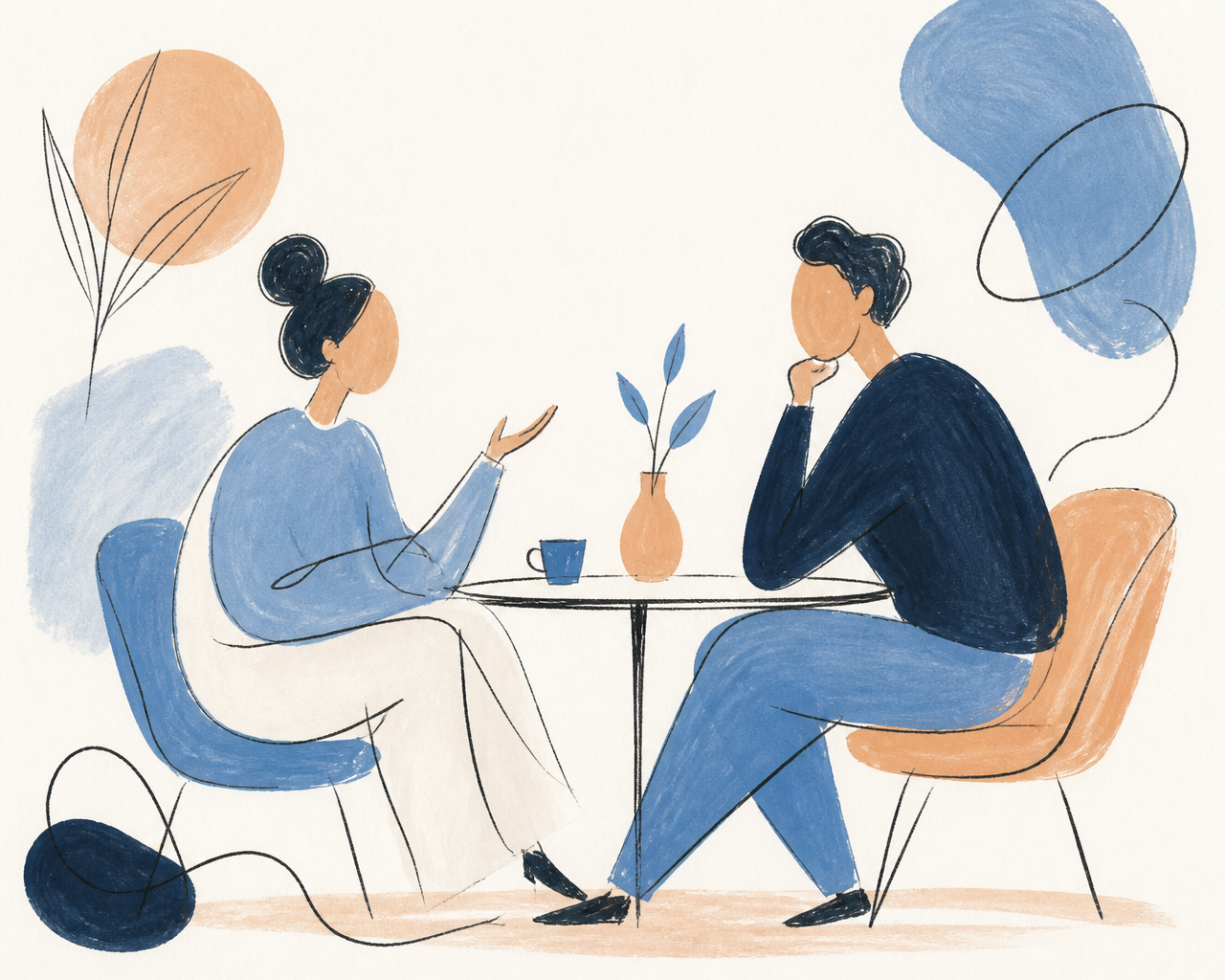 Håndtegnet illustration af en samtale mellem en konsulent og en jobsøgende