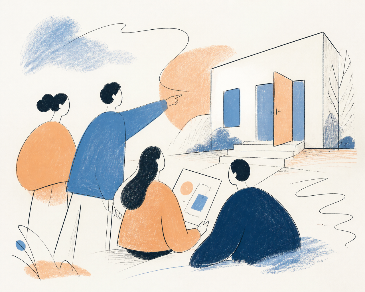 Håndtegnet illustration af medarbejdere, der viser vejen mod en åben dør hos en virksomhed